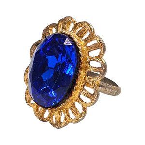Vintage Large Cobalt Faceted Glass Stone Gold Tone Adjustable Cocktail Ring